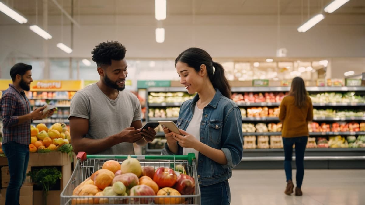 People shopping for groceries together and splitting costs