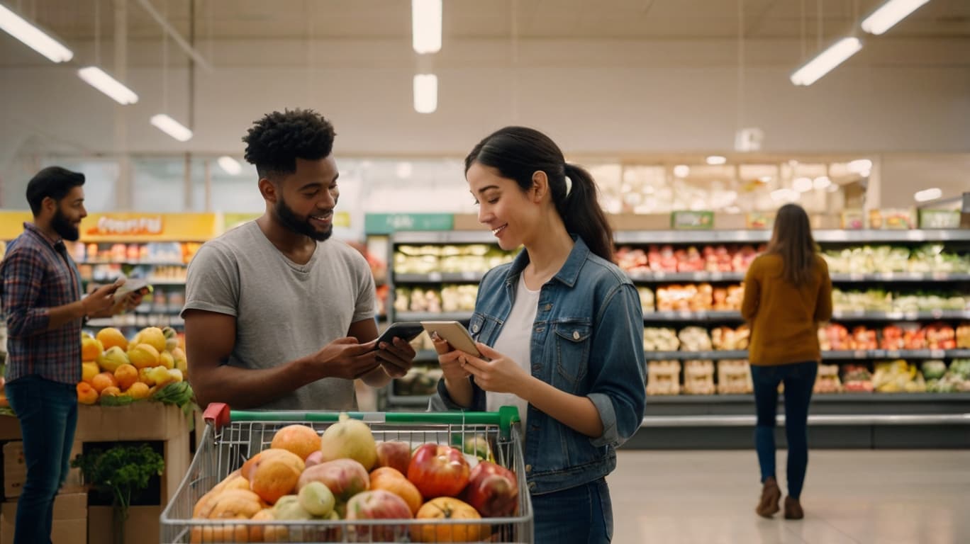 People shopping for groceries together and splitting costs